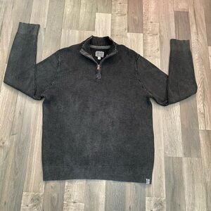 Lucky Brand Sweater XXL Black Grey Mens Washed & Worn Waffle Knit Quarter Zip